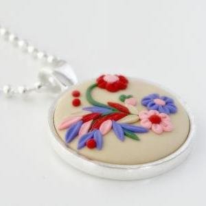 Clay Floral Applique Pendant Necklace