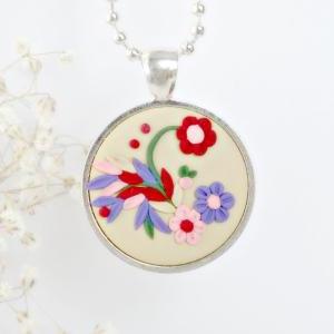 Clay Floral Applique Pendant Necklace
