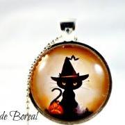 Witch cat halloween glass pendant necklace