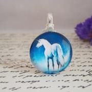 Hand made unicorn white blue glass pendant