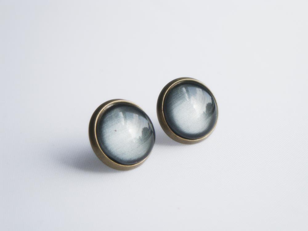 Smoky Charcoal Antique Brass Post Earrings