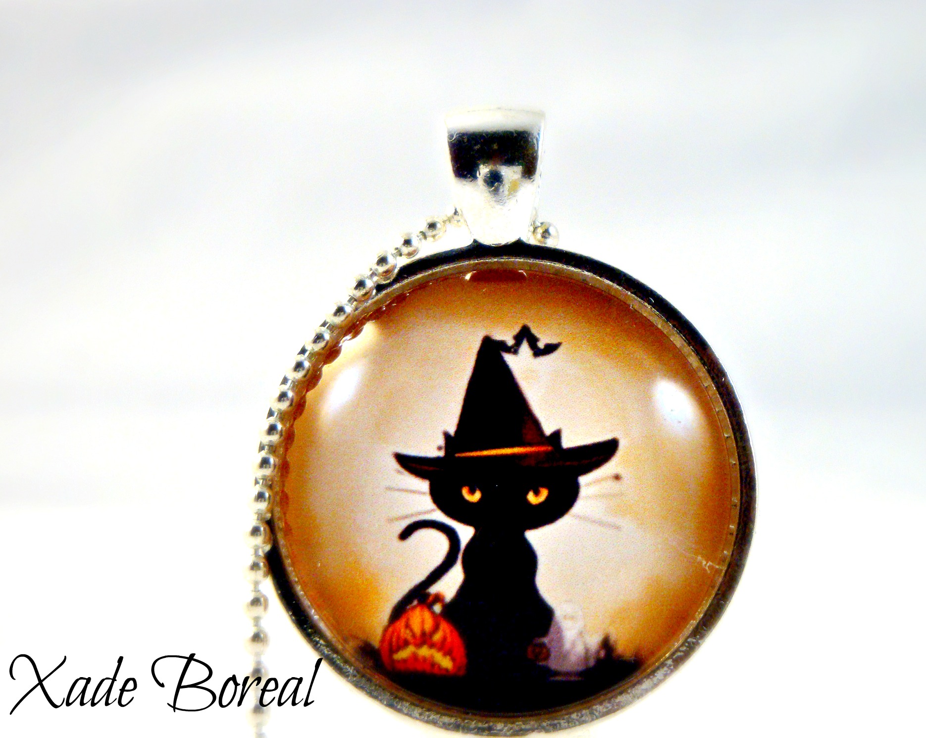 Witch Cat Halloween Glass Pendant Necklace on Luulla