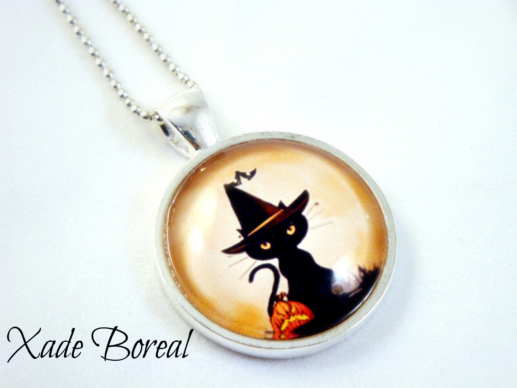 Witch Cat Halloween Glass Pendant Necklace on Luulla
